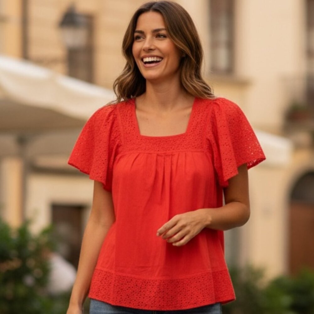 Anthropologie Pepin Red Flutter‎ Sleeve Top Sz L Red #133E